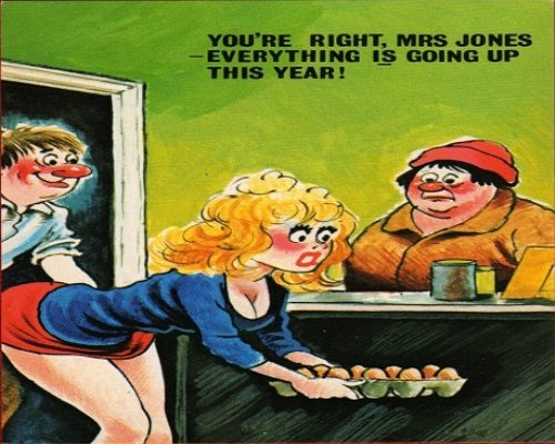 Rude Postcard your right Mrs Jones everything is going up